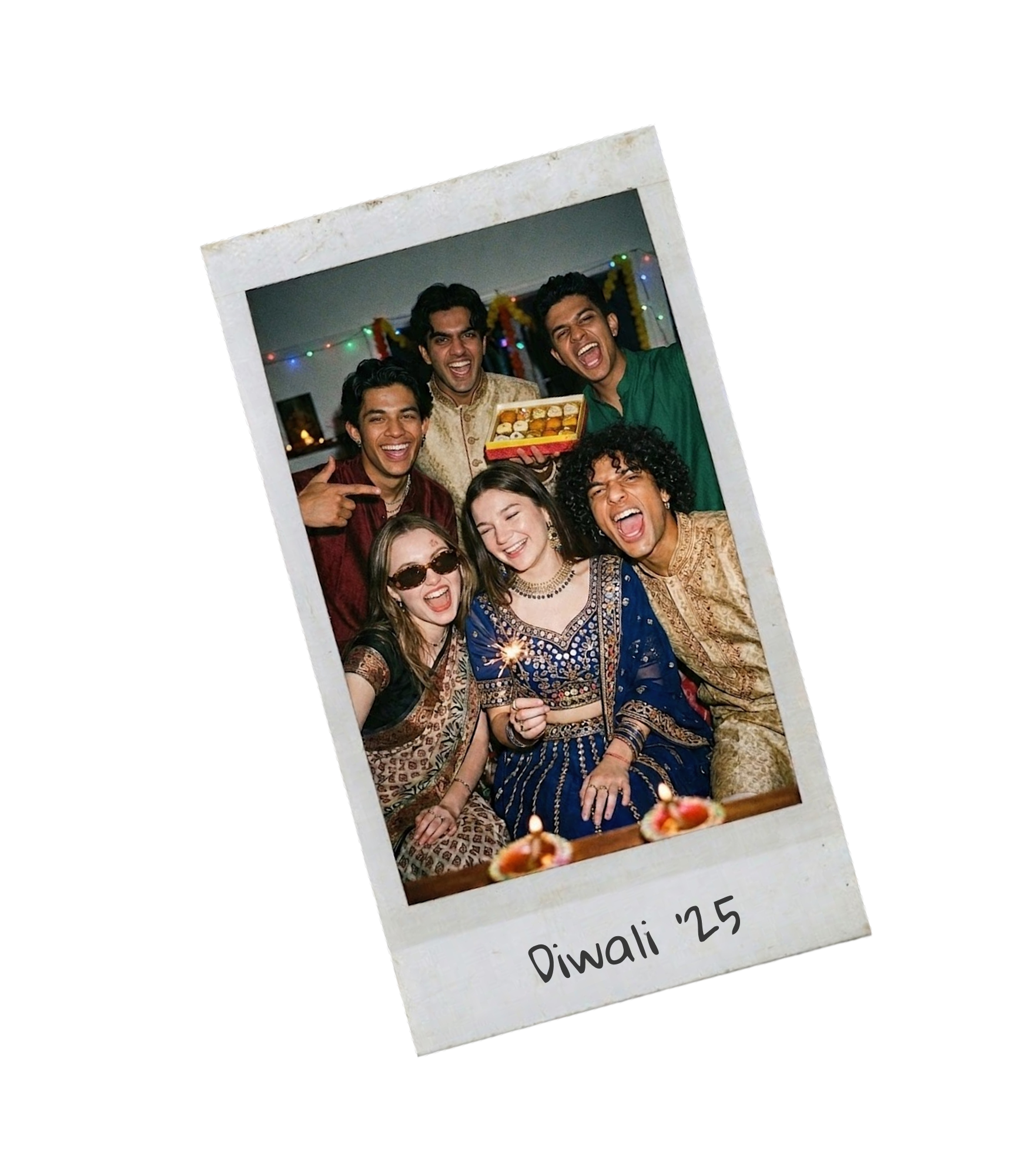 Polaroid of friends celebrating Diwali with a sparkler — captioned Diwali '25
